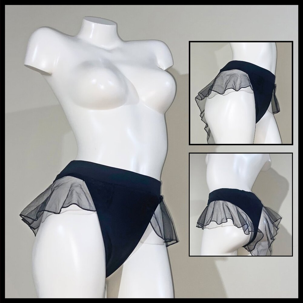 SASSY PRE-LOVED BLACK DANCE SHORTS WITH RUFFLED SHEER MESH TRIM